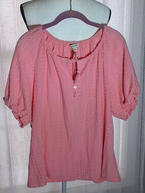 FRYE AND CO. NWT Short Puffy Slve Scoop Neck w/Fringe Ties Pink Eyelet Blouse XL